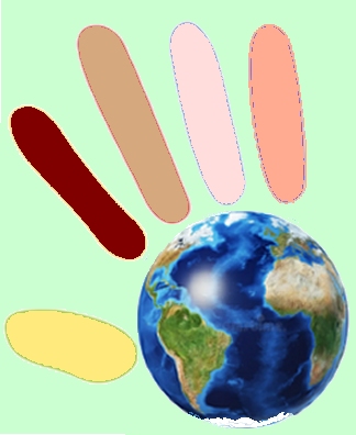 A right hand with the Earth as the palm & 5 fingers: amber, brown, tan, pink, bronze.